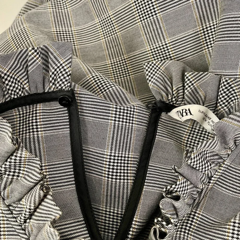 Zara Black/White Glen Check Long Sleeve Top Ruffled Collar Puff Sleeves, Size XS - Picture 6 of 8